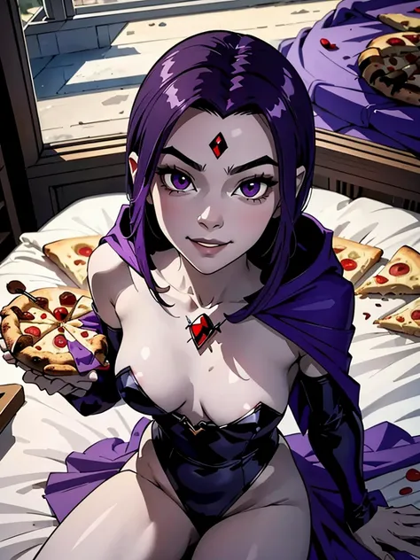 RavenTT,  purple eyes,purple hair,  red jewel in forehead, grey skin,blue cloak,black leotard,brooch, looking at viewer, serious, naughty smile, lying in her bed, bed full of food, pizza,window, romantic ambiance, extreme detail, masterpiece, beautiful qua...