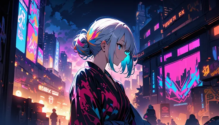 HD 8K Handsome sexy, Solitary, 1 female, Medium Length Hair, white hair, Rainbow hair, hair bun, blue Eyes, looking away, outdoor, yukata, White clouds, graffiti spray art wall, vibrant, cityscape, Neon night Tokyo,