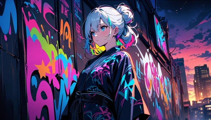 HD 8K Handsome sexy, Solitary, 1 female, Medium Length Hair, white hair, Rainbow hair, hair bun, blue Eyes, looking away, outdoor, yukata, White clouds, graffiti spray art wall, vibrant, cityscape, Neon night Tokyo,