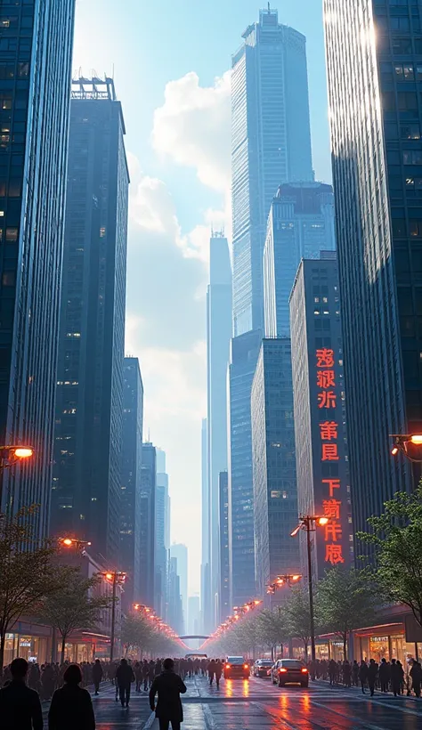 Economic Growth: A modern cityscape of a bustling Chinese metropolis, illustrating China’s status as a major global economy with skyscrapers and busy streets.