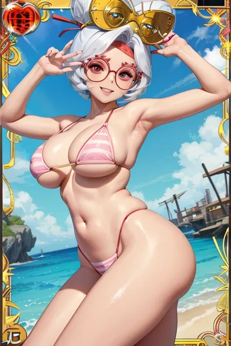 trading card of purah, sexy pose, big breasts, smile, pink striped bikini, glasses