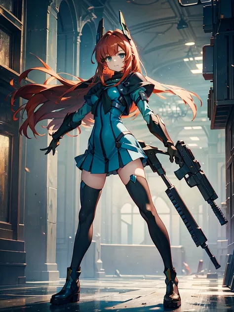 (masterpiece, Highest quality), (Thin Hair), Very detailed, Anime Style, alone, full length, Concept Art, Painting setting, Cyberpunk Gunslinger Girl, red hair and green eyes,Cyberpunk High Tech Armor Suit, Cyber Headgear, Giant gauntlet, He had a gun in e...