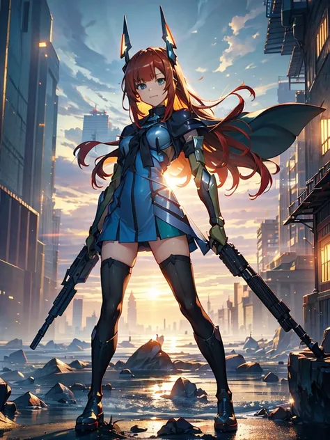 (masterpiece, Highest quality), (Thin Hair), Very detailed, Anime Style, alone, full length, Concept Art, Painting setting, Cyberpunk Gunslinger Girl, red hair and green eyes,Cyberpunk High Tech Armor Suit, Cyber Headgear, Giant gauntlet, He had a gun in e...