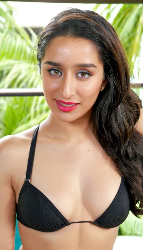 hires body close up photo of a woman, milf, 33 year old,Shraddha Kapoor, outdoors, realistic skin texture, smiling sexily, looking looking at camera, black mini bikini, ((at a 5 star hotel bathroom)) ,((marathi make up), long free flowing hair, sexy navel ...