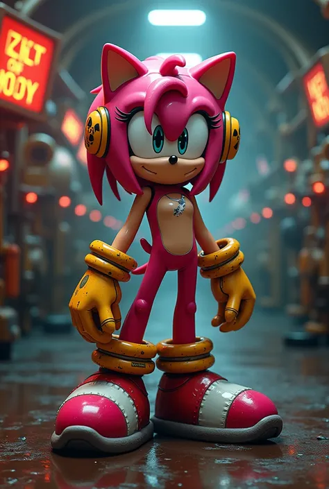 Amy Rose, high quality, best quality, 4K, 8K, toxic waste suit, nuclear reactor, detailed background, inside a nuclear reactor, Sonic drawing style, fur, perfect fur, medium breasts, radioactive glow on the body, toxic waste helmet, nipples, big nipples, p...