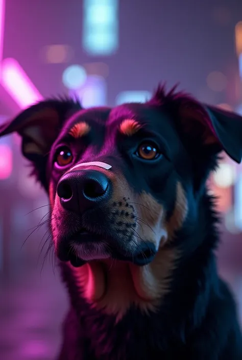 A dog with a scar on his face and a band aid on his nose looking up with purple lighting in the Blade Runner style scene and similar to the actor Ryan Gosling