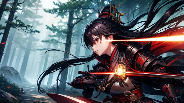 anime lady wearing samurai armor riding a motorcycle with swords at a dark forest