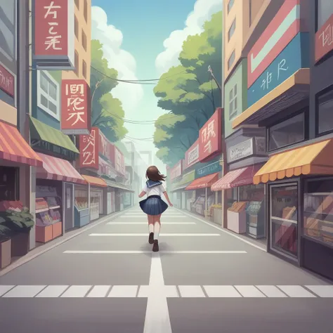 masterpiece, high quality, best quality, highly detailed, insanely detailed, hyper realistic, 4K, 8K, 16K, 3D illustration, A shopping street in downtown Tokyo, a high school girl running, she is beautiful and wears a school uniform. upper body.