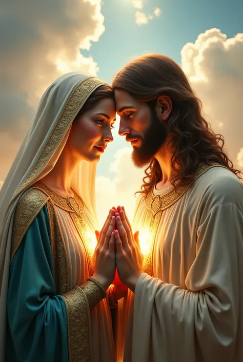 Perfect hand 5 finger, Portrait of a beautiful virgin mary and handsome Jesus Christ. wearing brown clothes of king and queen with the king and queen crown shining the light from the head and heart all over in the clouds, virgin mary and Jesus Christ, real...