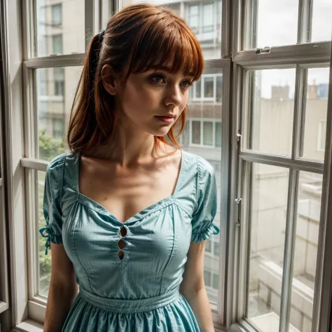 the window at home city in her cure dress
1girl, redheadSolo, Bangs, 