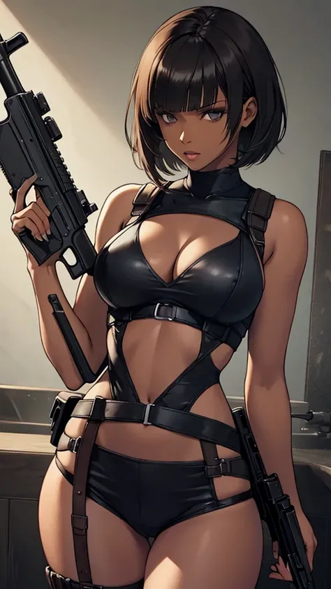 Resident Evil ,bob hair,blunt bangs,dark skin, large breasts , with a   gun ,cowboy shot