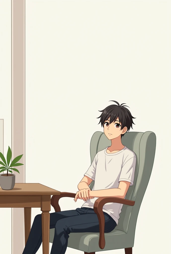 Boy seat on chair and his front table anime boy 20 to 22 years old

