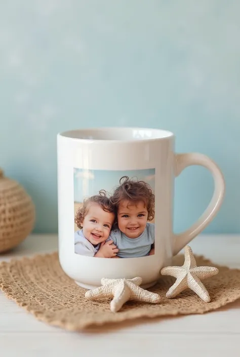 a personalized mug with a photo of about 2 little children in silver and some minimalist decorations of things related to the beach