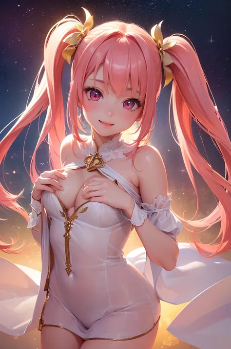 ((best quality, ultra-detailed, high resolution, extremely detailed CG, super detailed, direct light, Most beautiful clean lighting)), 1 girl, beautiful girl, cute girl and idol face, young face, smile, Beautiful long pink hair, twintails, Beautiful shinin...