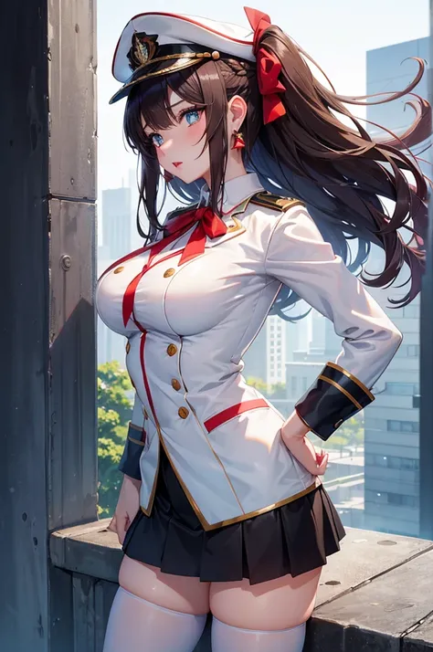 A beautiful 20 year old girl in uniform posing on a ledge with her hands on her hips, anime girl, military hat, red puffy miniskirt, white blazer, white stockings, big round breasts, white panties, standing, blue sky, dark brown hair, long red bangs, frenc...