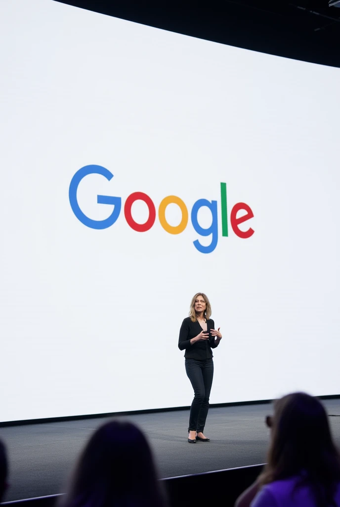 A woman speaking on stage，From Google，White background，The company logo is blurred，Technology Conference