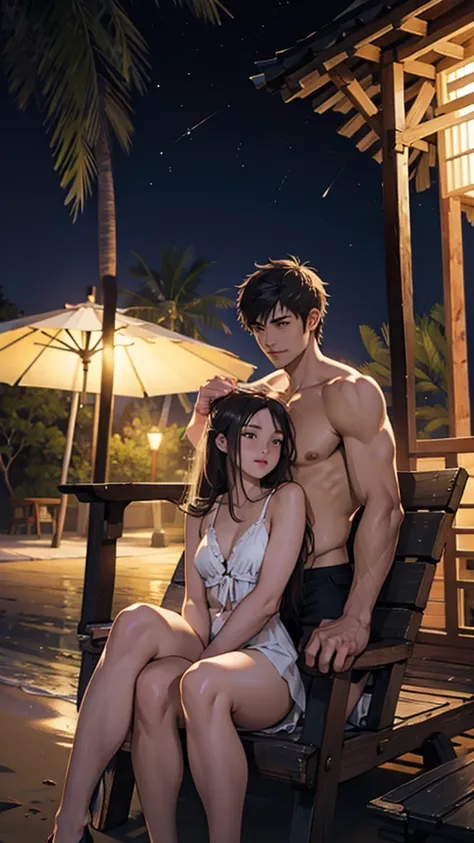 A young couple is sitting on the beach and romancing. The woman is wearing short sexy clothes  her big hips. Coconut trees are nearby. It is evening.