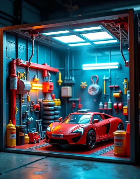  All items in a square display box create a detailed car wash toy industrial style  wall spray paint  vibrant contrasting colors detailed tools garage accessories cool lighting effects   location  cool indoor environment  plastic texture  toy mechanical st...