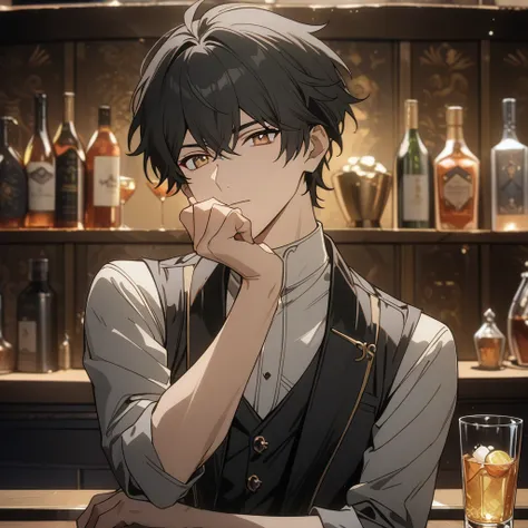 rover from wuthering waves, 1boy, stylish pose, drinking from glass, black hair, flat hair, souma shiki hair, gold eyes, handsom...