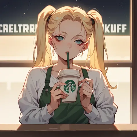 delicate anime-style illustration, cinematic lighting, At Starbucks in space, a beautiful woman with blonde twintails drinking coffee in cyberpunk fashion, drawn in drawn in Japanese animation style.