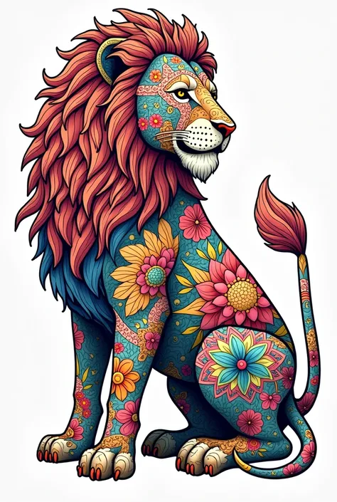 Painting pages for adults。Mandala pattern。Drawn with thick lines、Few details、No shading。It is colorfully painted。Impressive and colorful picture pages designed for adults with white background, A majestic lion depicted in a mandala style. The lions are dec...