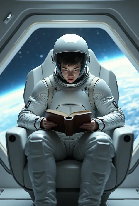 Astronaut sitting in a chair reading a book