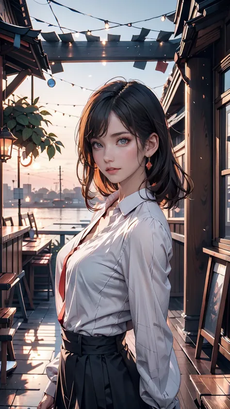 One girl, Colorful Themes, Synthwave Sky,(最high quality, high quality, High resolution), Realistic, Very detailed, Very detailed顔の特徴, Absurd,  Realistic lighting and reflections, Very detailed顔の特徴, See-through shirt, Best Photos,high quality illustration