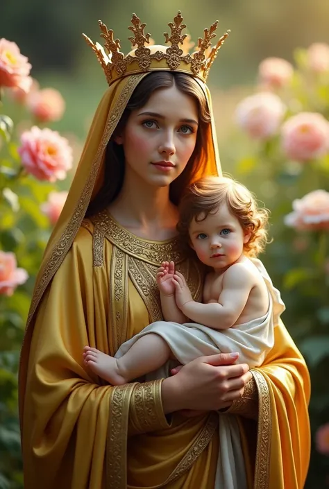 Perfect hand 5 finger, Portrait of a beautiful virgin mary and baby jesus. wearing gold clothes of queen and crown shining the light from the head and heart all over in the flower farm, virgin mary and baby Jesus, real blue eyes, sunny day, intricate detai...