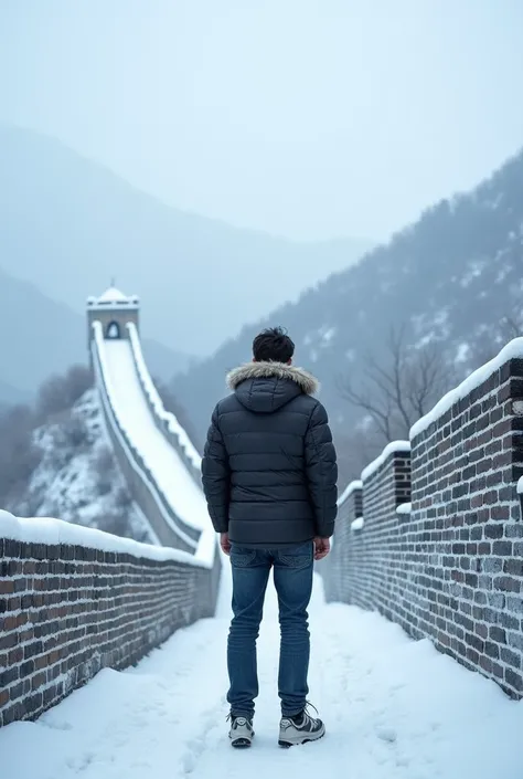 A young man&#39;s back can be seen standing on a high platform：The Great Wall of China made of ice in the near distance（No snow）Horizontal direction，In the distance is the Wuhan Yangtze River Bridge made of ice。The Great Wall can be climbed