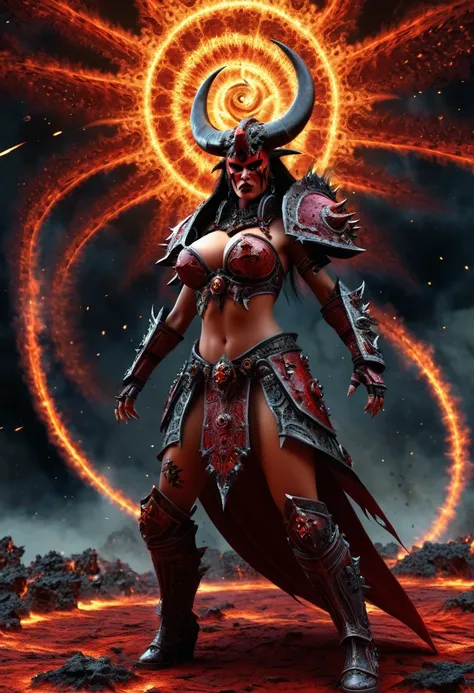 Khorne as a woman,displaying her own power.((conflict, destruction, rage)),(( Full figure wiew)). ((Three quarter wiew)).((fractal)),((deep wiew)),warp space scenario background,photographic,ultra high resolution,hyperdetailed, masterpiece, 3d modelling, d...