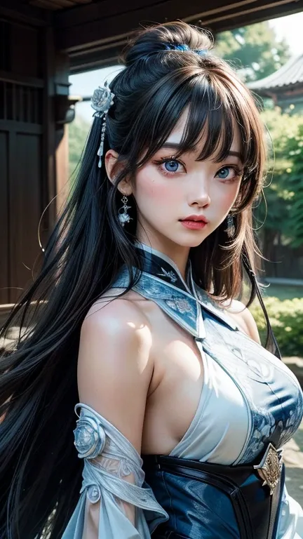 (masterpiece, Top quality, best quality, Official Art, beautiful and aesthetic:1.2), 1 Girl, extreme detailed, Rea, Light blue long hair, Emo, blue Eye, (Abstract, Fractal Art:1.3), highest detailed, detailed_Eye, Light_particle, Hanfu, Jewelry, Sexy, 蓝色Li...