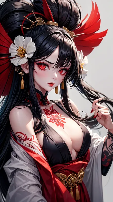 “A high-resolution wallpaper featuring a woman with long black hair styled in an updo, illuminated with side lighting that casts half of her face in shadow. She is wearing a white kimono adorned with red floral patterns. Her face, adorned with red eyeshado...