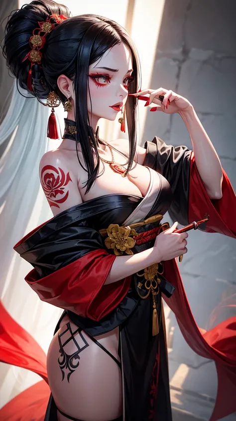 “A high-resolution wallpaper featuring a woman with long black hair styled in an updo, illuminated with side lighting that casts half of her face in shadow. She is wearing a white kimono adorned with red floral patterns. Her face, adorned with red eyeshado...