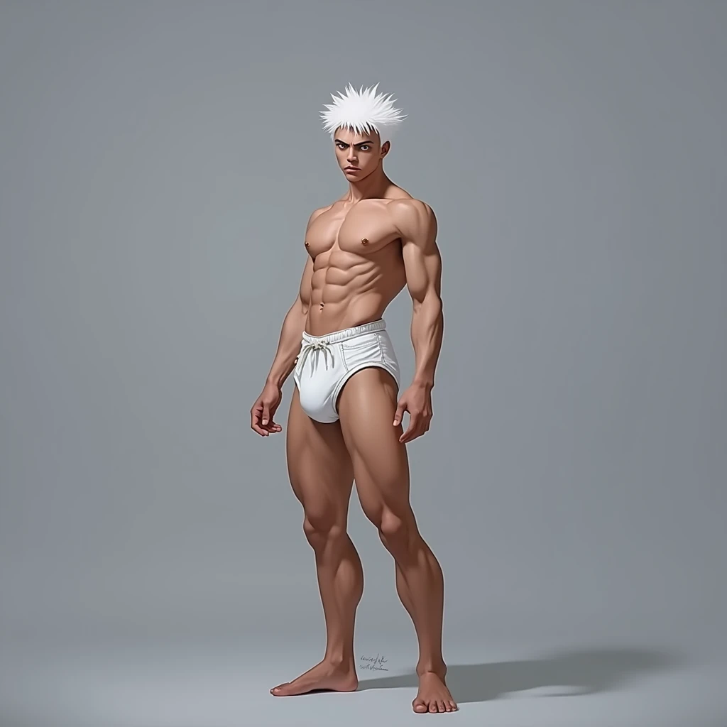 Young boy thin face delicate arafael wearing white diaper and white hair, brawny! Dark skinned , male demon in form , photo by full body,and bare chest, photorealistic perfect body, beefcake pose, yasuke 2k