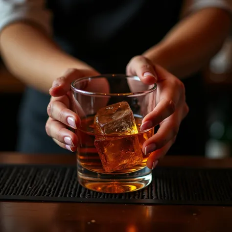 Angle from directly above, (shot bar counter:1.5), (glass held out by female bartenders hand:1.5), rocks glass with whiskey, realistic, precise, masterpiece