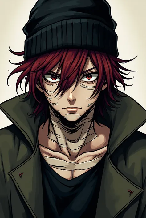 Man with a black beanie hat on his head,maroon hair,empty eyes of a killer, serious face,jujutsu school clothes from jujutsu kaisen and bandages all over the body with comic style art full body image
