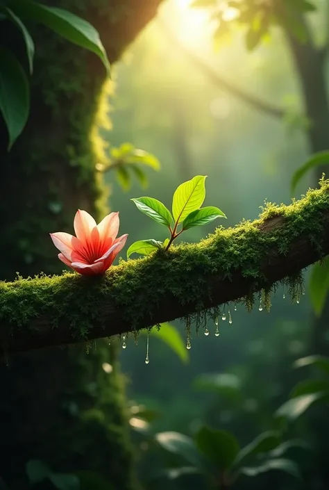 a mossy branch, tree leaves and a flower in a heavy jungle in a morning sunshine, water drop