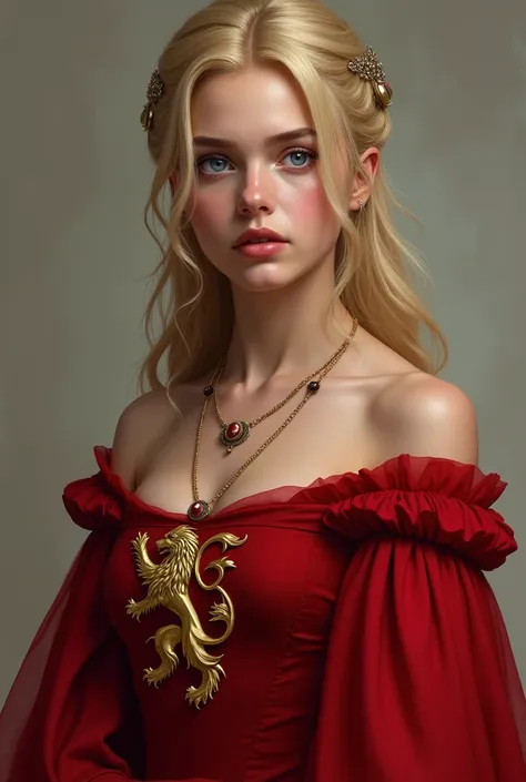 Create a young blonde, blue-eyed Lannister woman with a red dress and a Lion emblem 