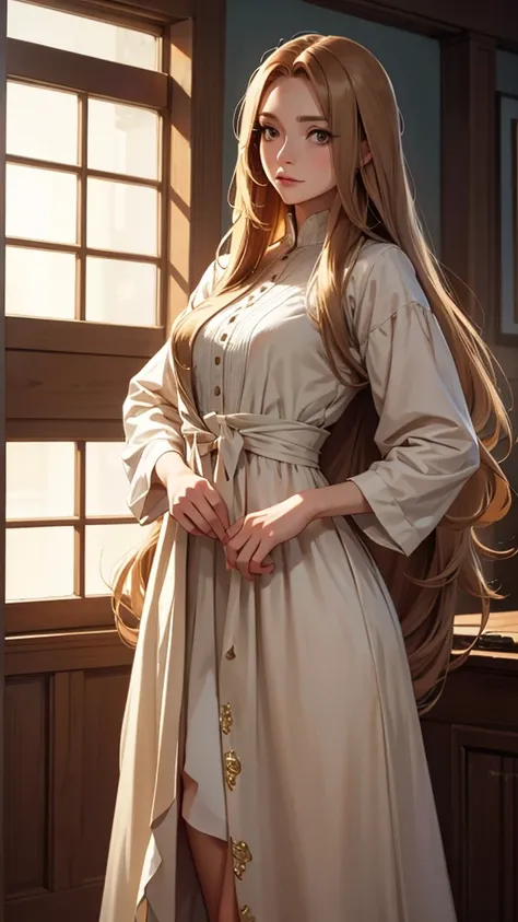 a picture of a woman standing with long blond hair posing over her shoulder, 1girl, long hair, solo, realistic, dress, brown hair