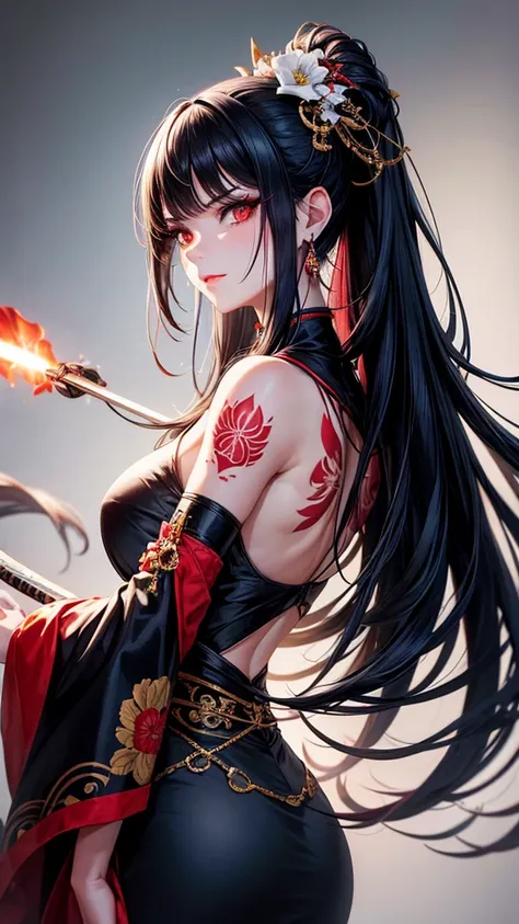 “A high-resolution wallpaper featuring a woman with long black hair styled in an updo, illuminated with side lighting that casts half of her face in shadow. She is wearing a white kimono adorned with red floral patterns. Her face, adorned with red eyeshado...