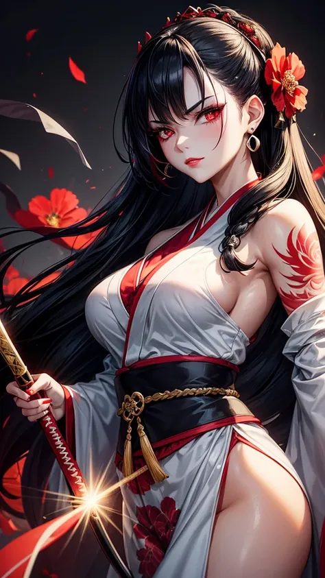 “A high-resolution wallpaper featuring a woman with long black hair styled in an updo, illuminated with side lighting that casts half of her face in shadow. She is wearing a white kimono adorned with red floral patterns. Her face, adorned with red eyeshado...