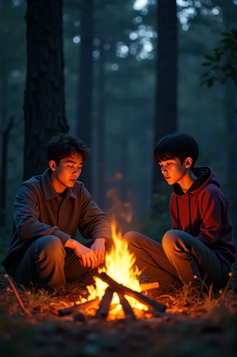 Taehyung around a campfire with his father in the woods 
