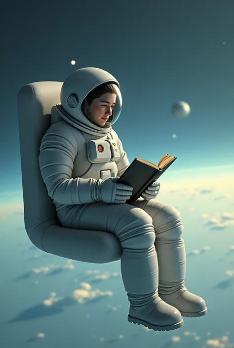 An astronaut sitting on a floating chair reading a book. The astronaut&#39;s face is a reflection. The chair doesn&#39;t have a backrest, so please