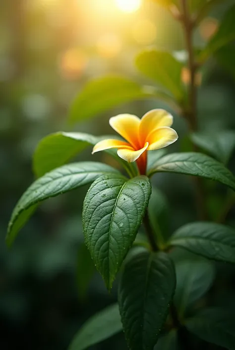 tree leaves and a flower in a heavy jungle in a morning sunshine, water drop