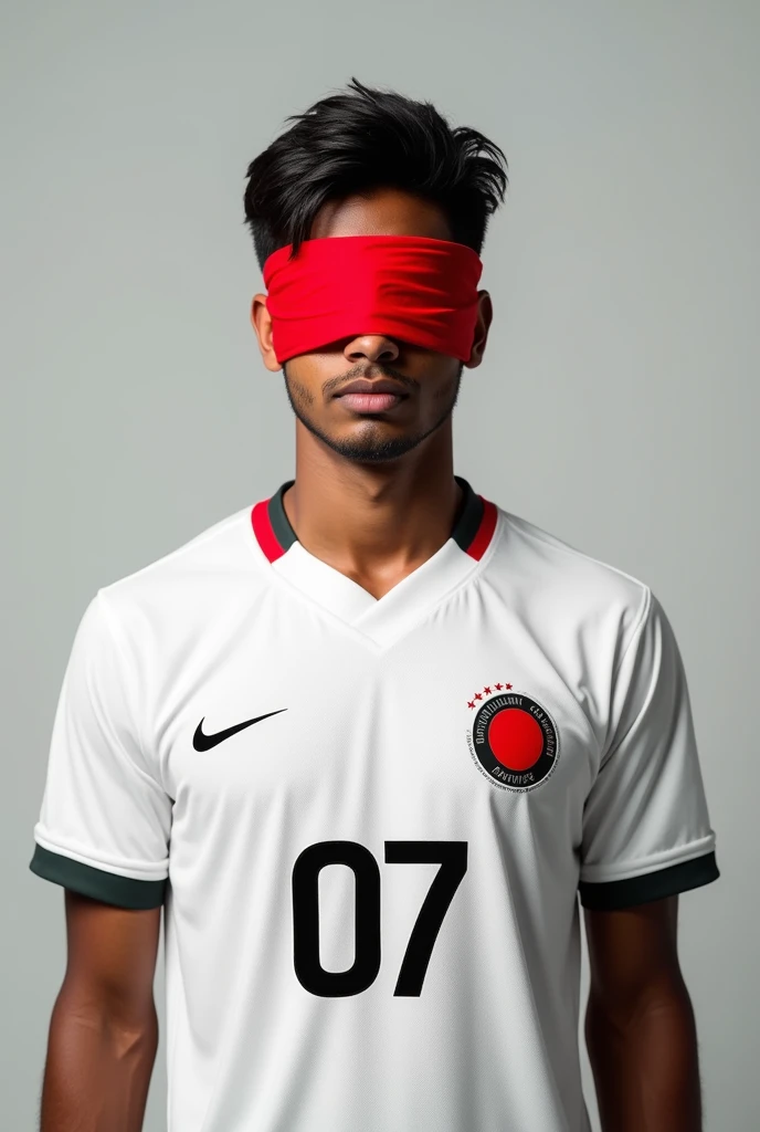 Red flag of Bangladesh. A 25-year-old boy is blindfolded with a red cloth
Bangladesh jersey on the body. 
Jersey number 07. The name of the boy behind the jersey is MD Hanif