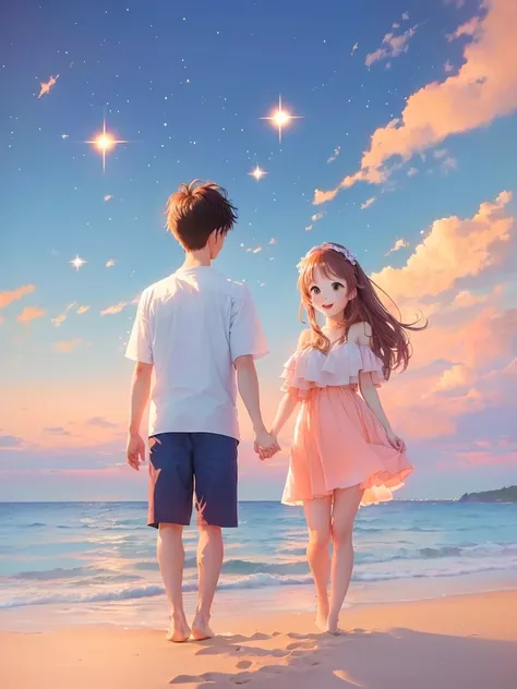 anime couple Holding Handss Sunset Beach, Cute couple, There are stars, romantic couple, As the sunset, Holding Handss in the moonlight, Dreamy and romantic, Holding Hands, 伴As the sunset, Holding Handss, Go together, Beach at sunset, Standing by the sea, ...