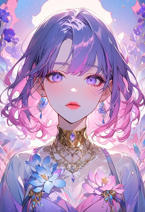 Create an elegant anime-style portrait of a young woman with short, pink gradient hair adorned with vibrant, colorful flowers, including pink and purple orchids. The woman should have a soft, delicate expression with light makeup, featuring red eyeliner an...