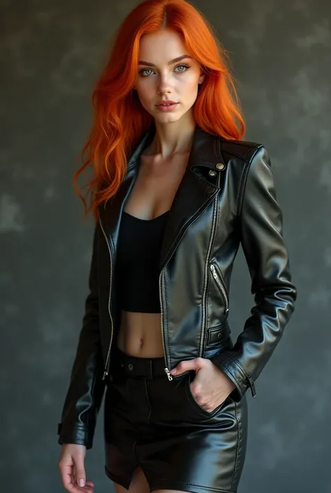 Beautiful ginger young woman, leather jacket, leather skirt 