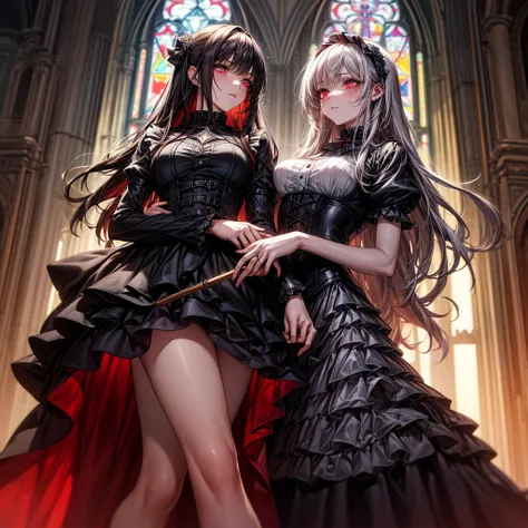 quality,8k,Highly detailed CG unit, masterpiece,High resolution,top-quality, real texture skin,Surreal,Increase the resolution,RAW Photos,最高quality,Very detailed,From below,Cool Beauty,Glamour Women, Cute pose,Gothic Lolita,A skirt full of frills,Red accen...