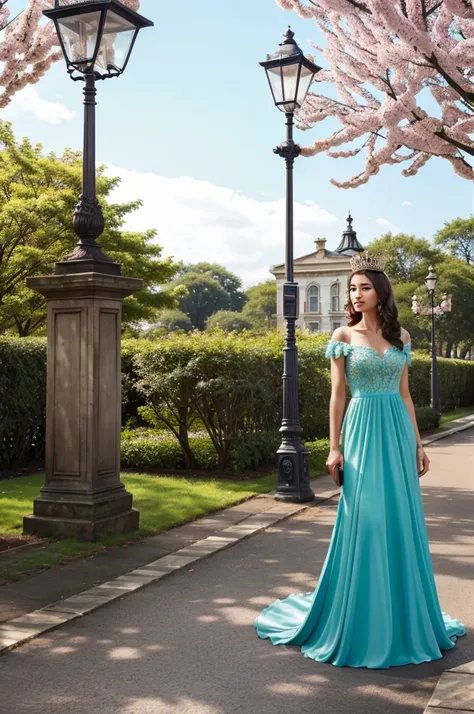 a queen standind near the lamppost in spring season wearing gown and crown